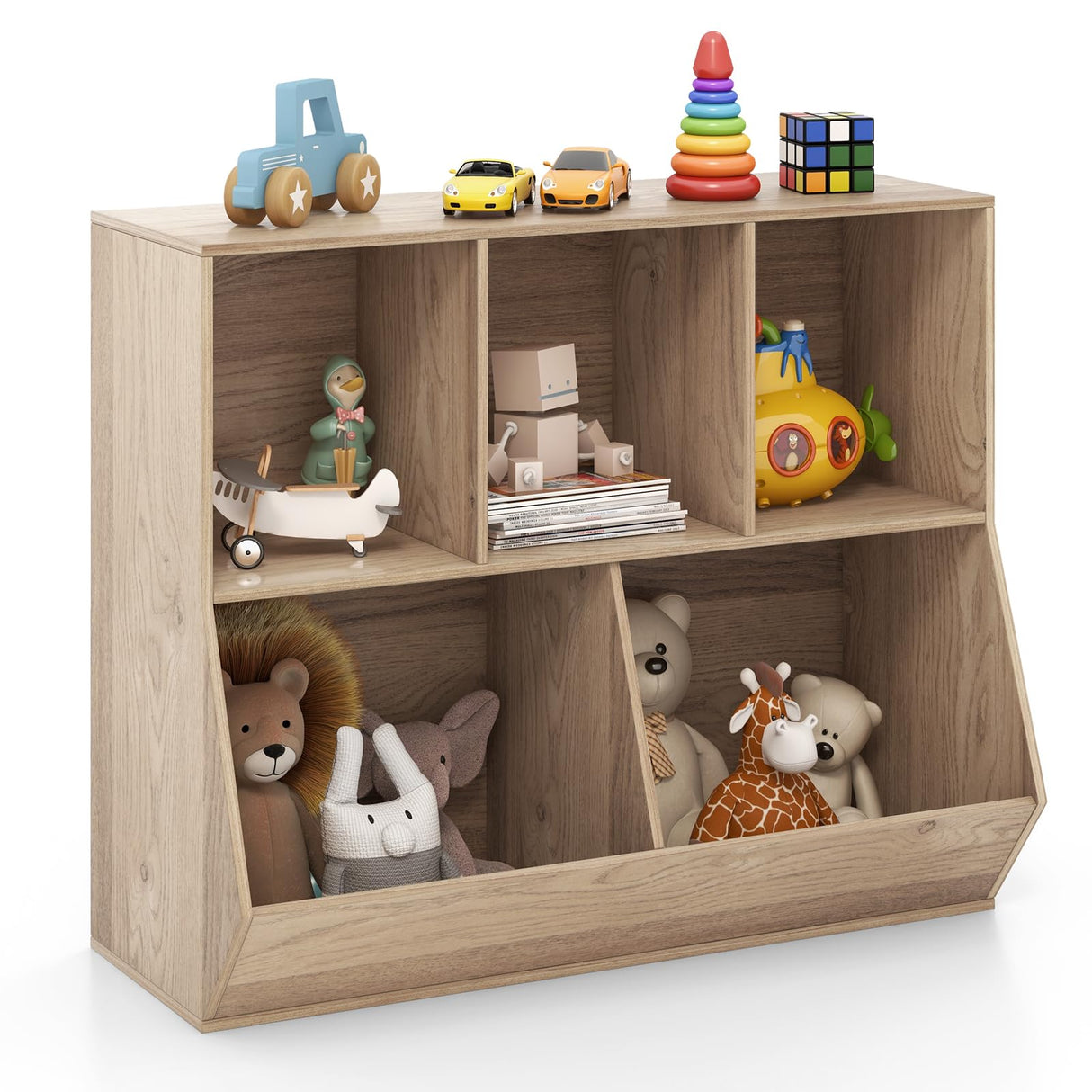 Toy Storage Organizer with Bookcase, 5-Cubby Children Bookshelf Toy Storage Cabinet