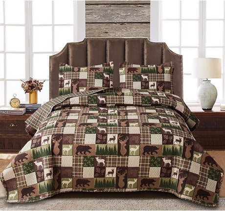 Reversible Lodge Plaid Bedding Moose Bear Quilt Full/Queen Size Rustic Bedspread Cabin