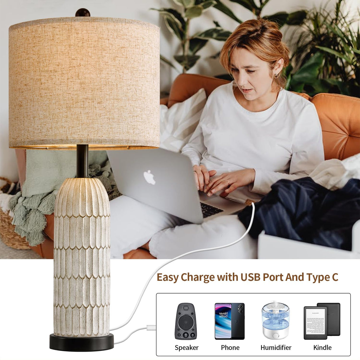 26.5" Table Lamp Set of 2 for Bedroom Living Room with USB A+C Charging Ports Modern