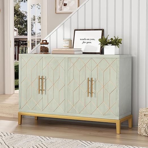 Sideboard Buffet Cabinet with 4 Doors&Shelves, Carved Decorative Accent Storage