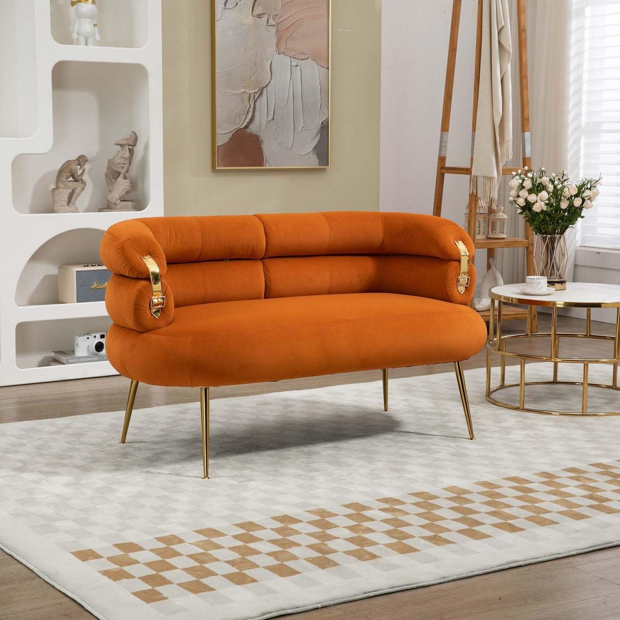 Modern Velvet Accent Loveseat Sofa, Upholstered Sofa Chair with Golden Metal Legs