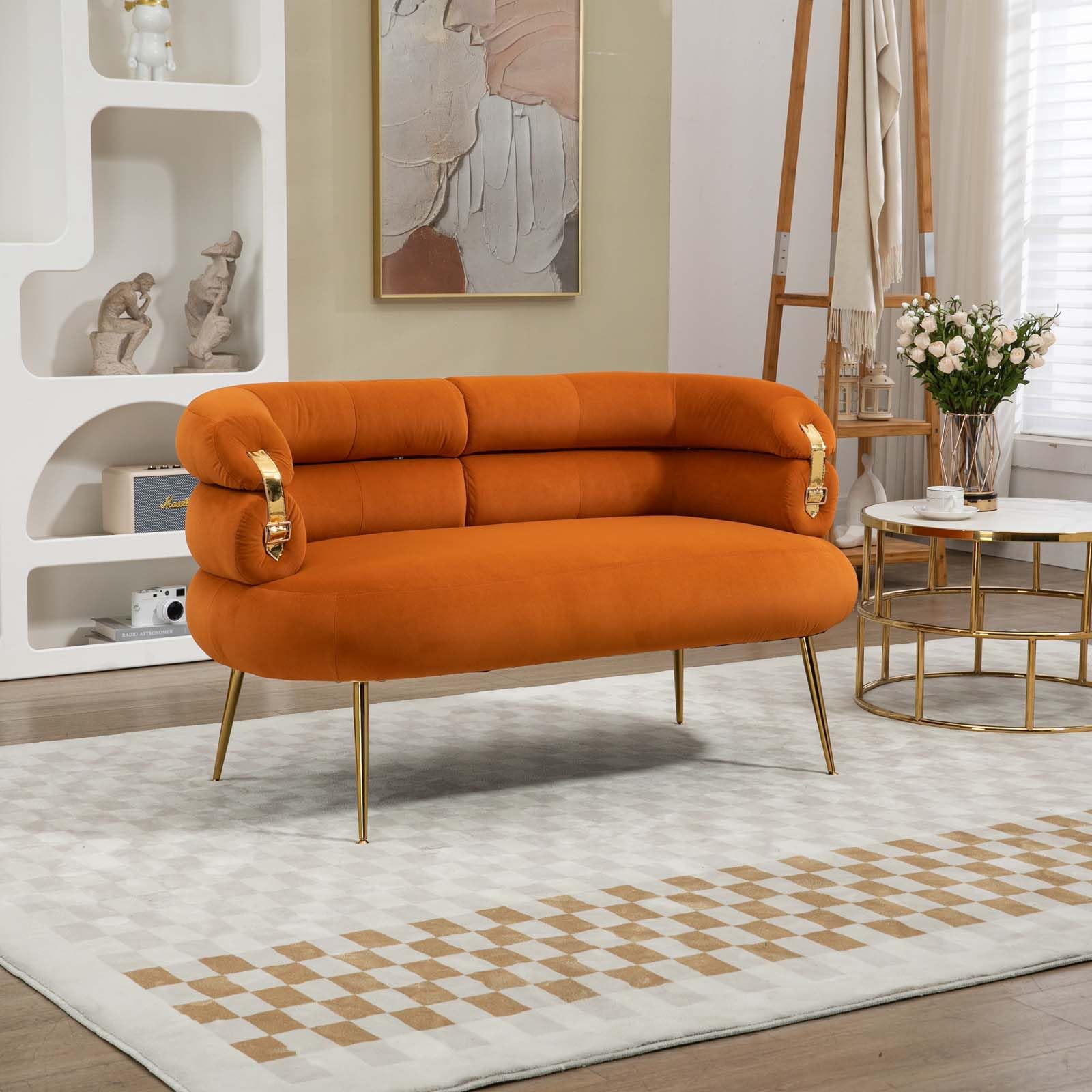 Modern Velvet Accent Loveseat Sofa, Upholstered Sofa Chair with Golden Metal Legs