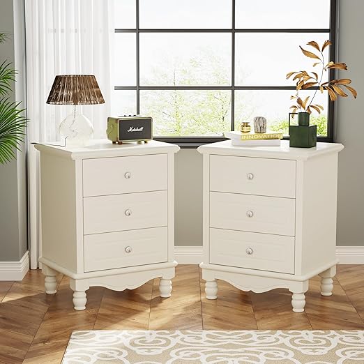 3-Drawer Nightstand, White Night Table for Bedroom, All-Wood Bedside Table