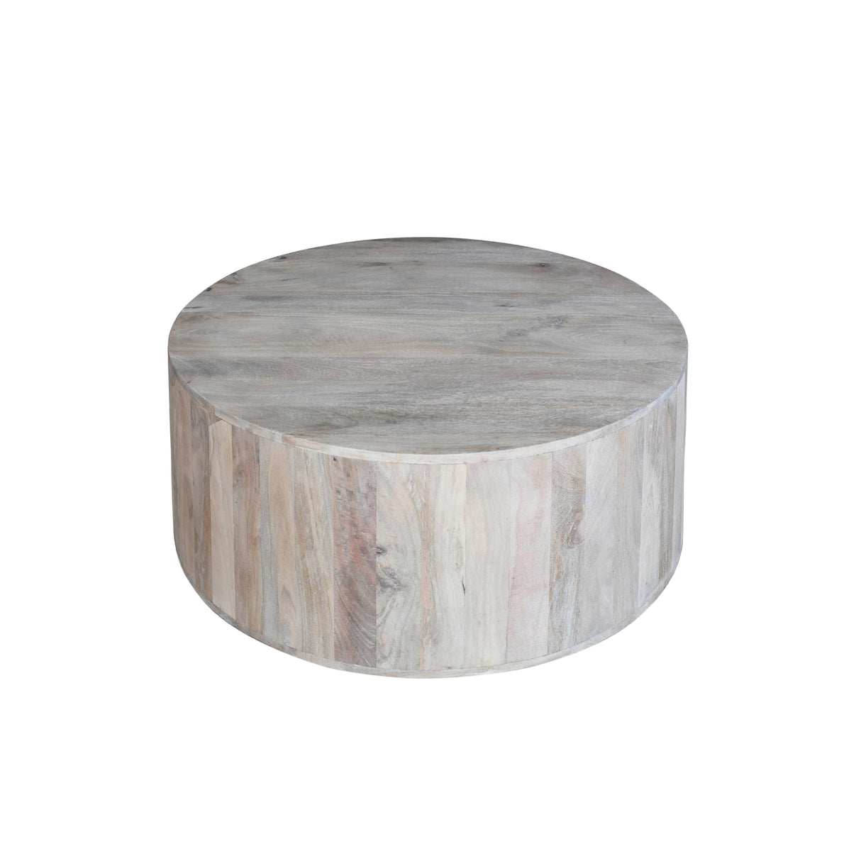 Rustic Farmhouse Wooden Drum Coffee Table, Geometric Shape