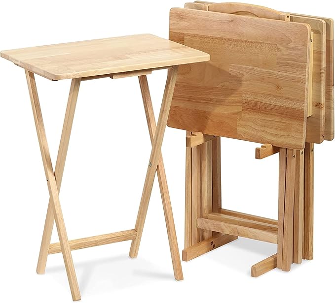 PJ Wood 5 Piece Set, 4 Folding Wooden TV Tray Snack Tables with Storage Rack