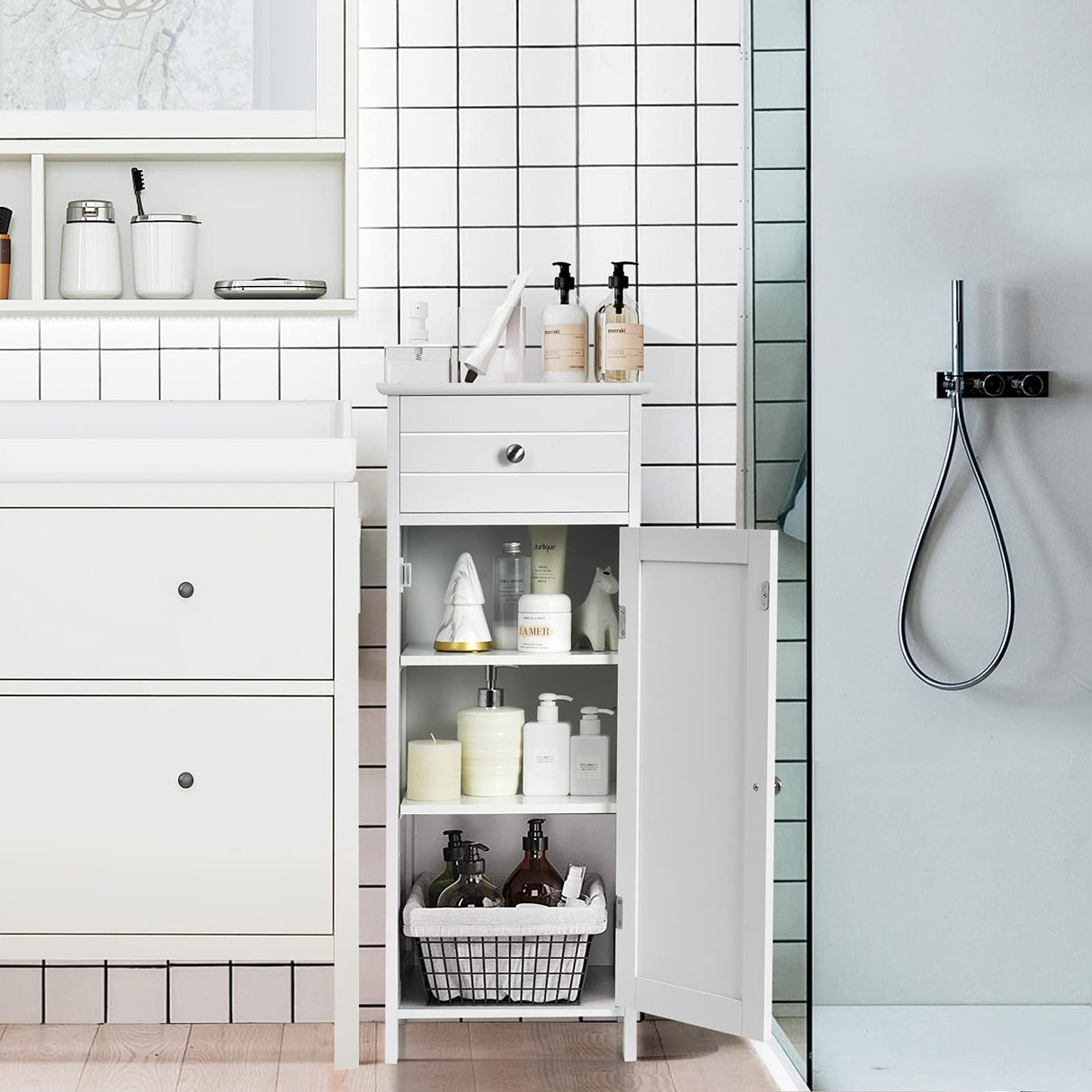 Floor Storage Cabinet, Bathroom Freestanding Side Storage Organizer, Single Door Floor Storage Cabinet w/Drawer & Adjustable Shelves,