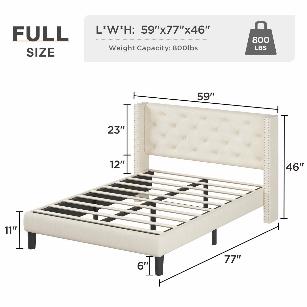 Full Size Bed Frame with Wingback Headboard Upholstered Platform Beds Beige Velvet