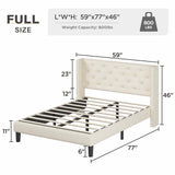 Full Size Bed Frame with Wingback Headboard Upholstered Platform Beds Beige Velvet