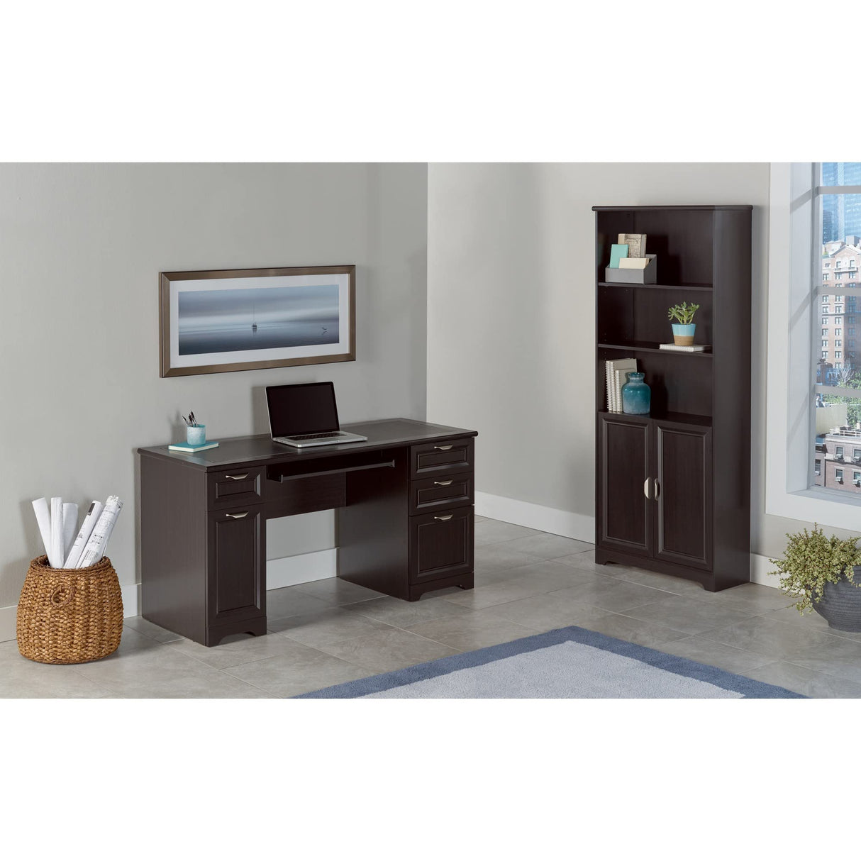 Key West 60W L Shaped Desk with 2 Drawer Mobile File Cabinet in Pure