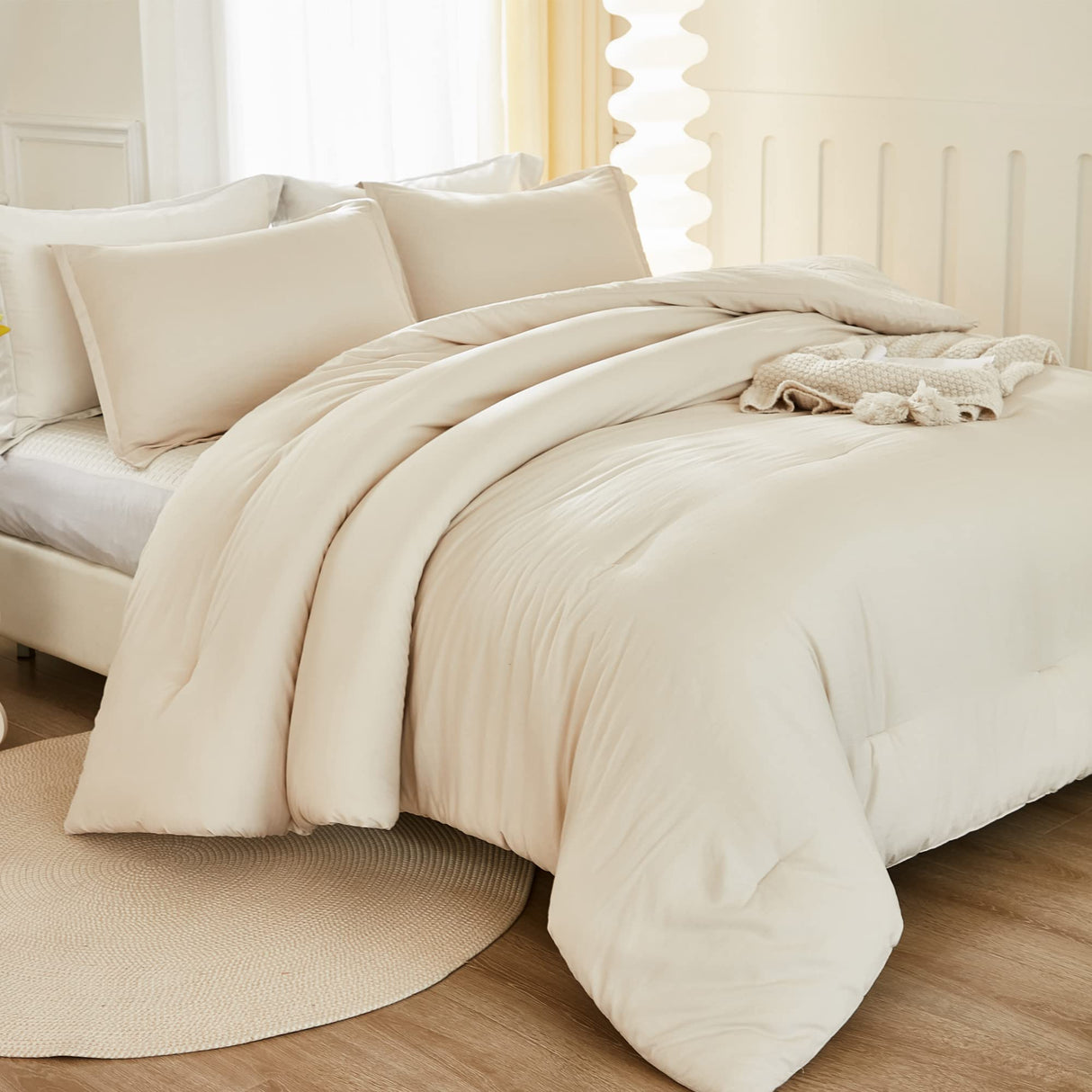Beige Comforter Set California King Size, 3 Pieces Cal King Lightweight Solid Bedding