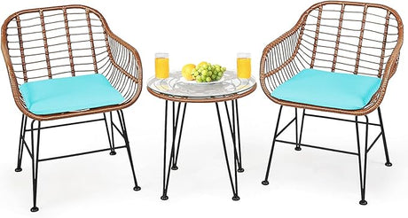 3-Piece Patio Bistro Set PE Rattan Wicker Armchairs and Coffee Table Set with Cushions
