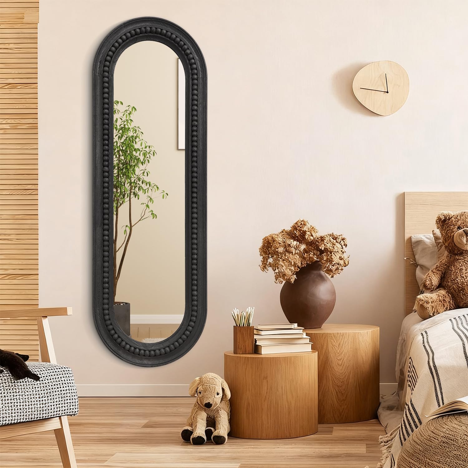 Oval Full Length Mirror with Beaded Wood Frame - 47"x16" Black Wall Mirror