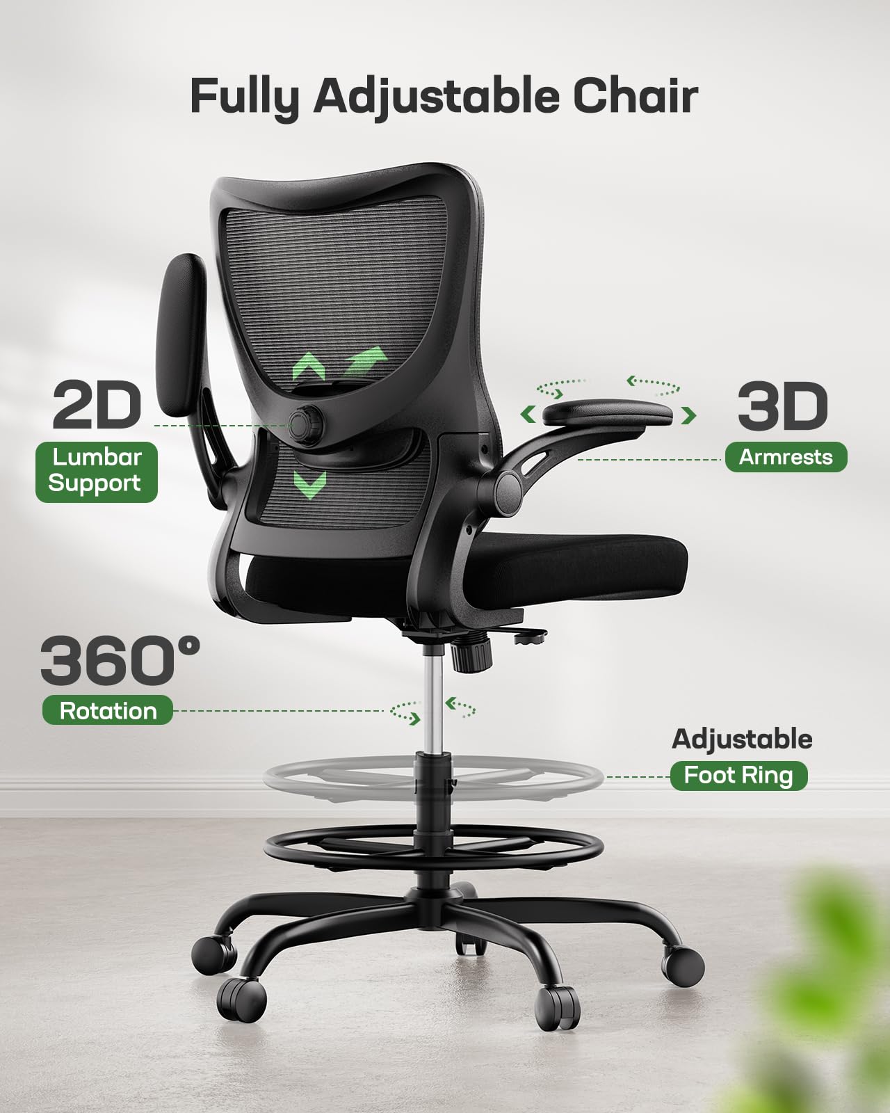 Tall Drafting Chair with Lumbar Support and Adjustable Footrest