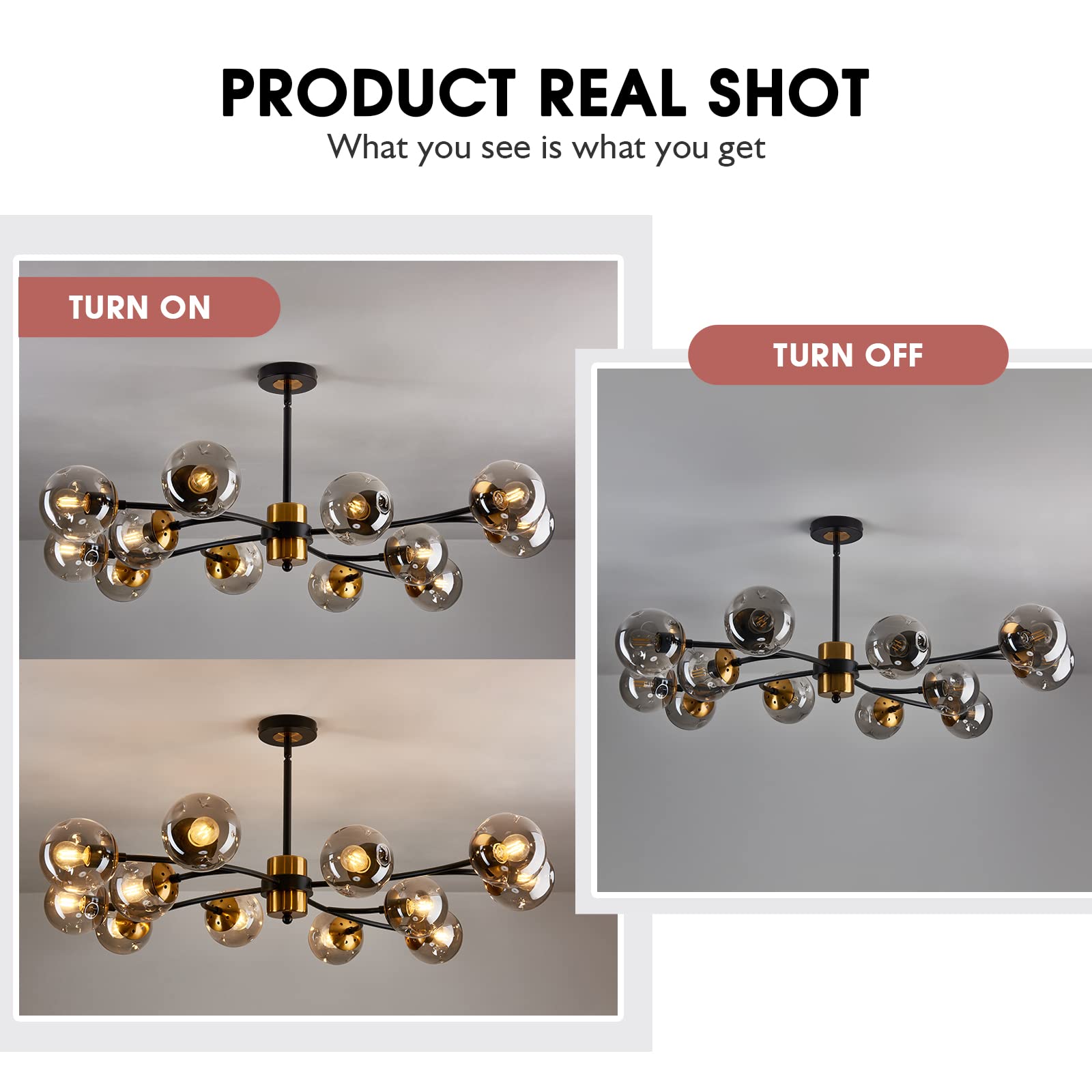 12-Light Sputnik Chandelier with Glass Globe - Mid Century Modern Black & Gold