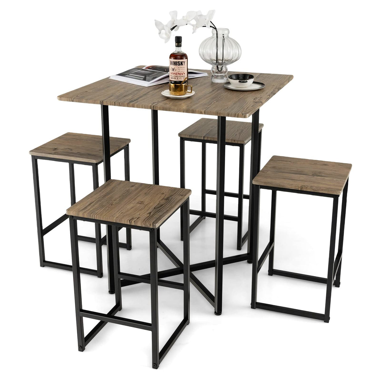 5 Piece Dining Table Set, Industrial Kitchen Table Set w/ 4 Stools,