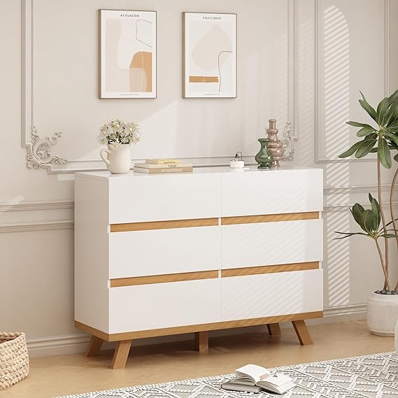 White 6 Drawer Dresser for Bedroom, Modern Wooden Storage Organizer