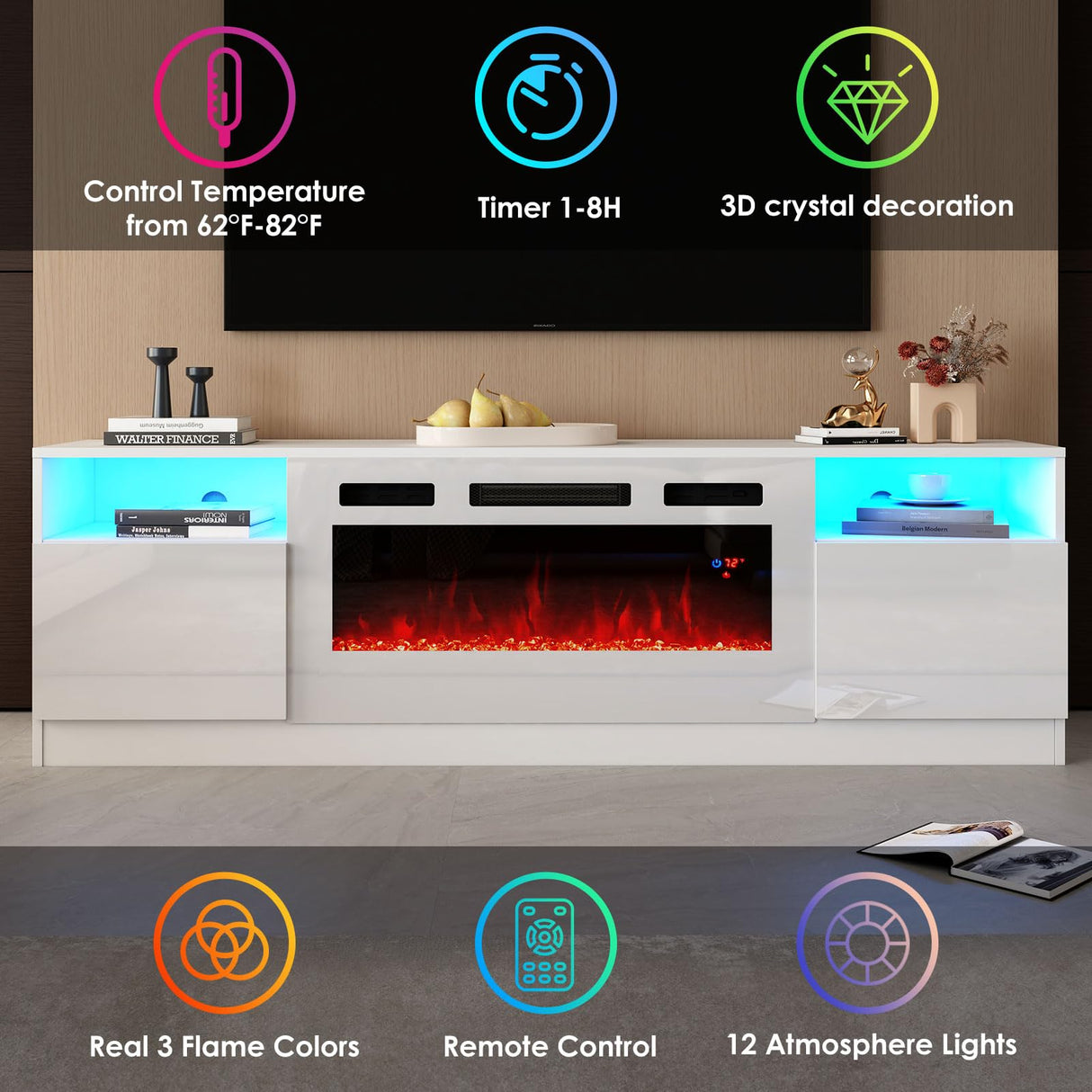 80" TV Stand with 40" Electric Fireplace Large Modern Matte Texture Media