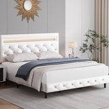 Modern Upholstered Queen Bed Frame with LED Lights, Faux Leather Low Profile Platform