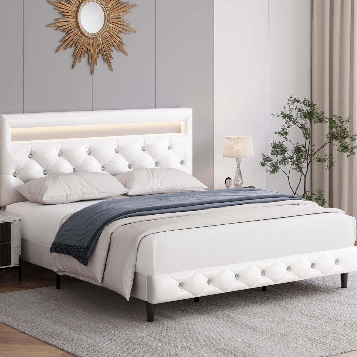 Modern Upholstered Queen Bed Frame with LED Lights, Faux Leather Low Profile Platform