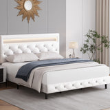 Modern Upholstered Queen Bed Frame with LED Lights, Faux Leather Low Profile Platform