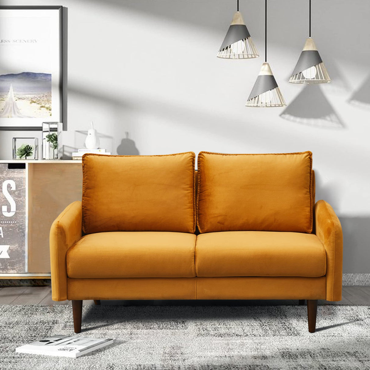 Loveseat Mid-Century Modern Sofa Tufted Couch with Wooden Legs for Living Room - Ginger