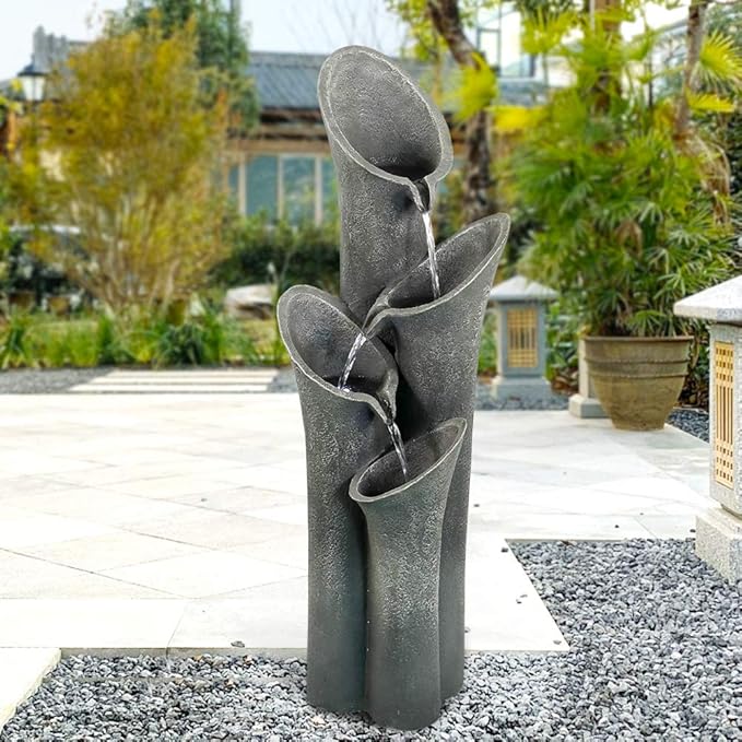 Faux Stone LED Floor Fountain 39 2/5", Bell 5-Tier Waterfall Outdoor