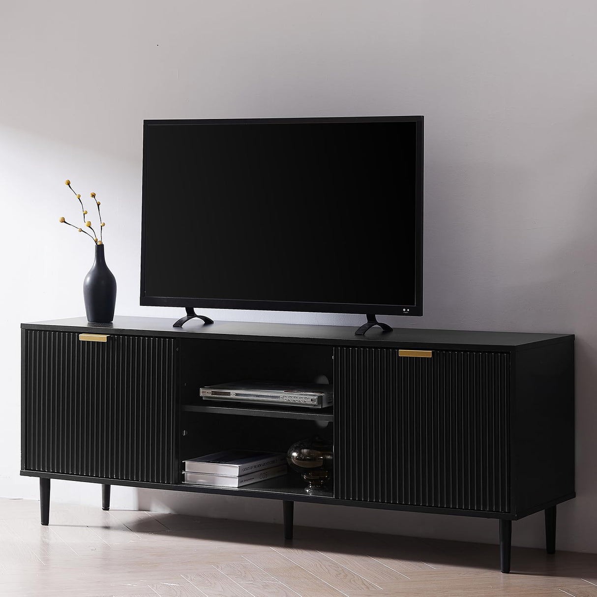 Black TV Stand, Modern TV Consoles for Living Room 65+ Inch TV, Fluted Panel Media