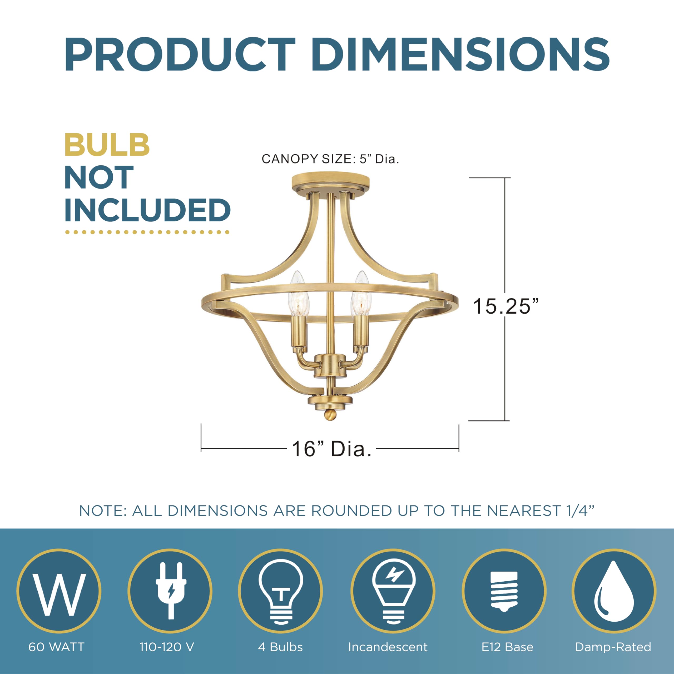 Harvel Semi-Flush Mount Ceiling Light - 16 Inch 4-Light Weathered Brass Chandelier