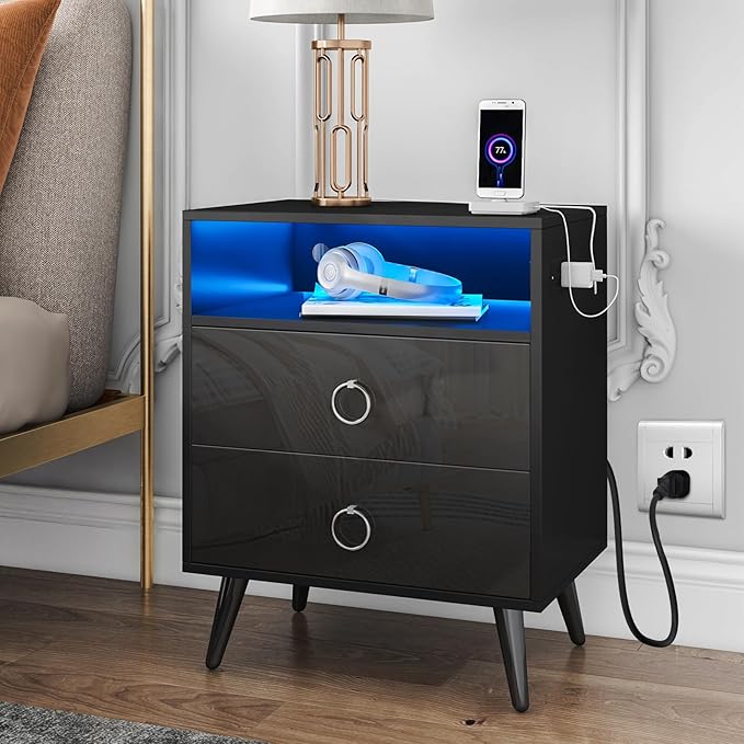 White LED Nightstand with Charging Station