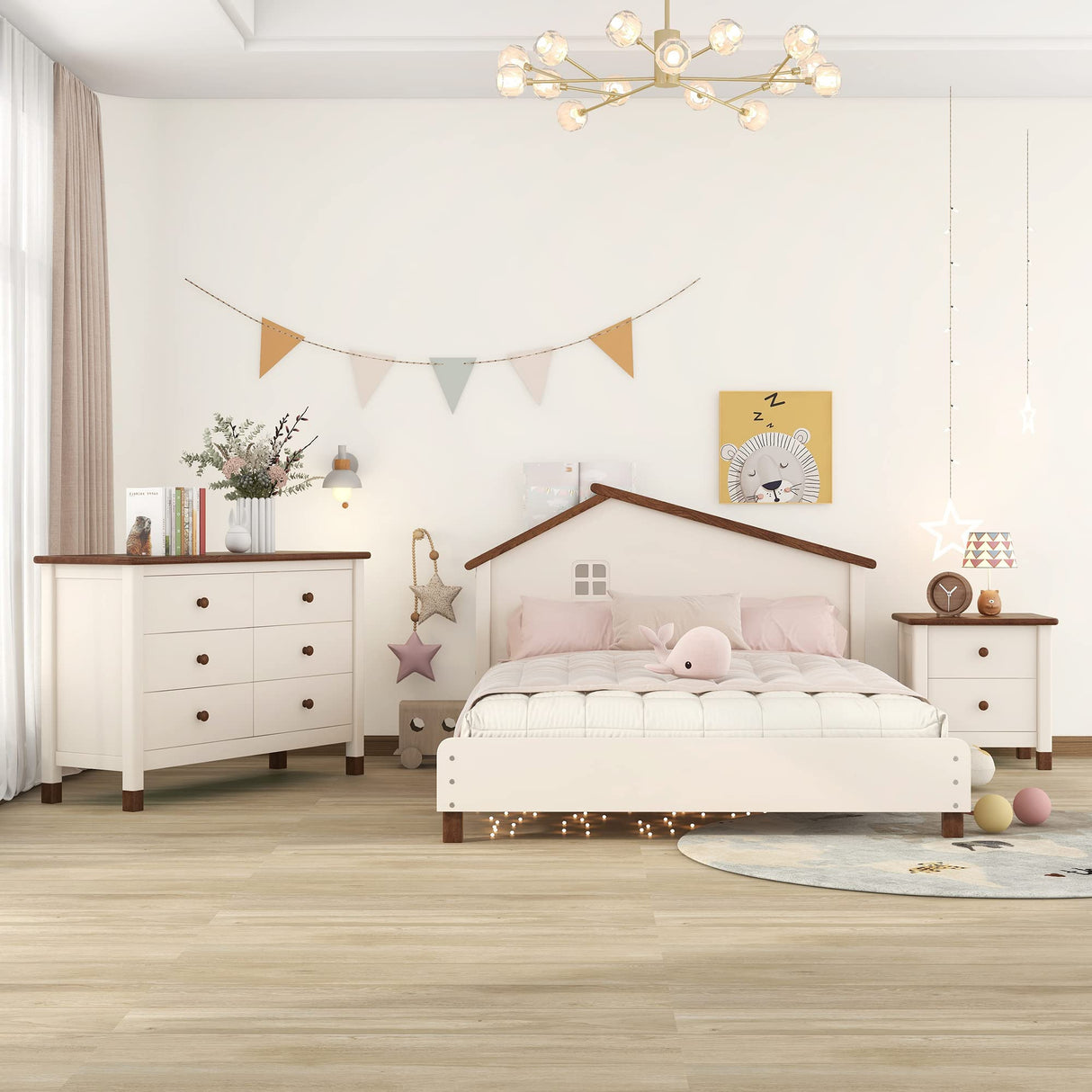 Cream+Walnut Kids Modern Rustic 3 Pieces Solid Wood Low House Bed, Closet Dresser