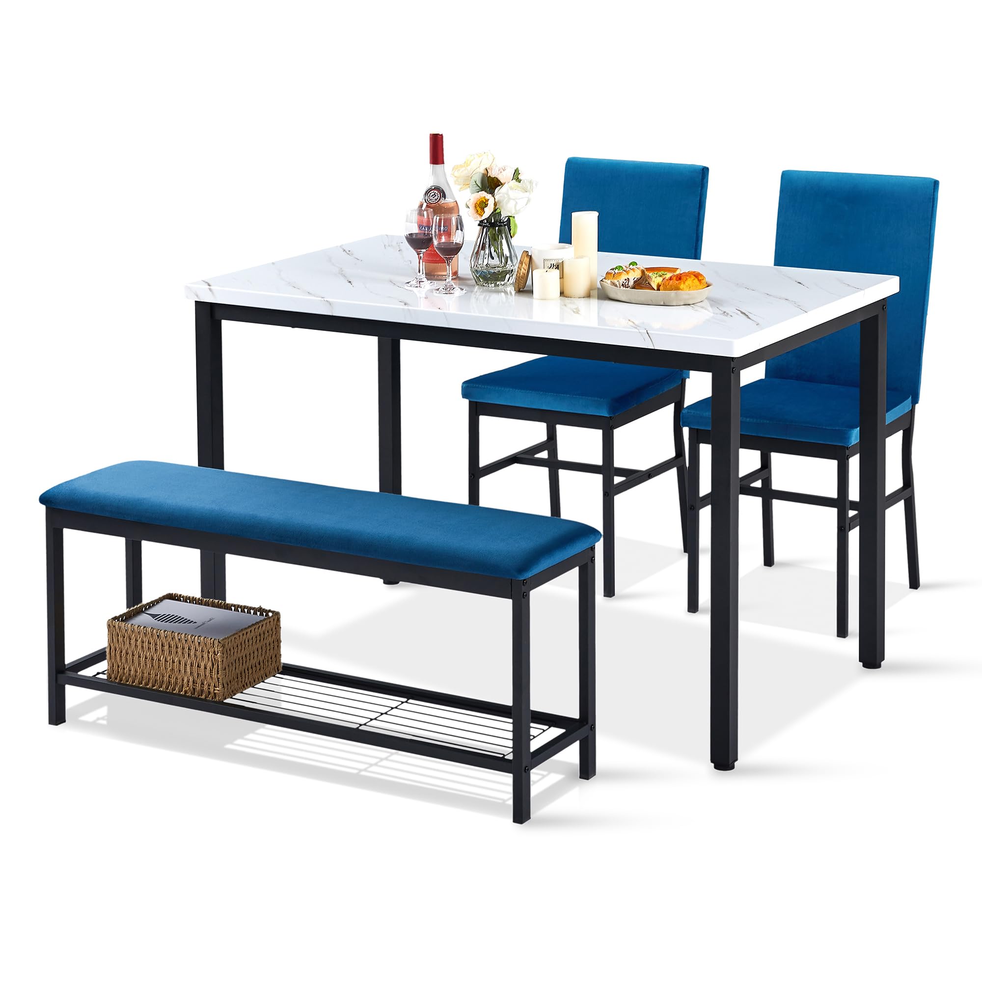 Table Set for 4,Faux Marble Kitchen Table,Kitchen Table Chairs Set with Velvet Chairs,