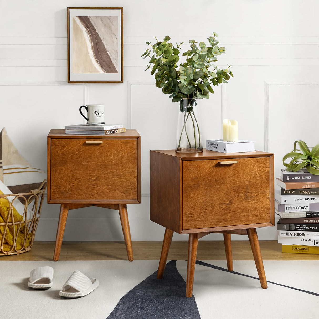 Nightstand with Charging Station, Mid-Century Modern Nightstands