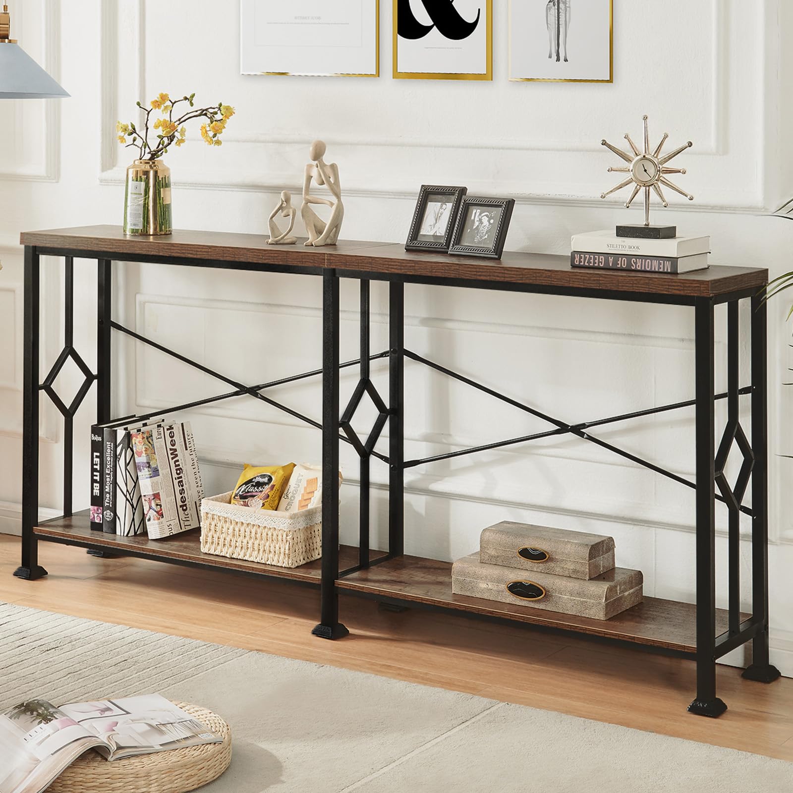 70.9" Industrial Console Table with 2-Tier Storage Shelf
