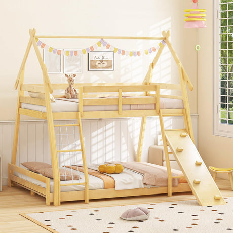 Twin Over Queen Bunk Bed, Wood House Bunk Bed for Kids with Climbing Nets and Ramp