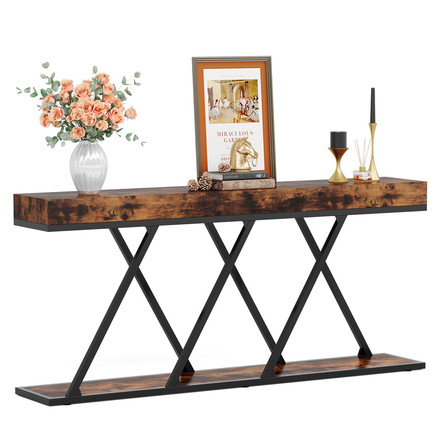 Extra Long Console Table, 70.87" Farmhouse Entryway Table with Unique Metal Base,