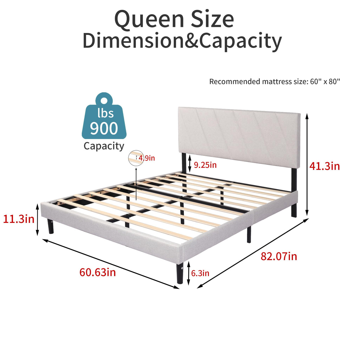 Queen Size Upholstered Bed Frame with Adjustable Headboard and Sturdy Wooden Slats,