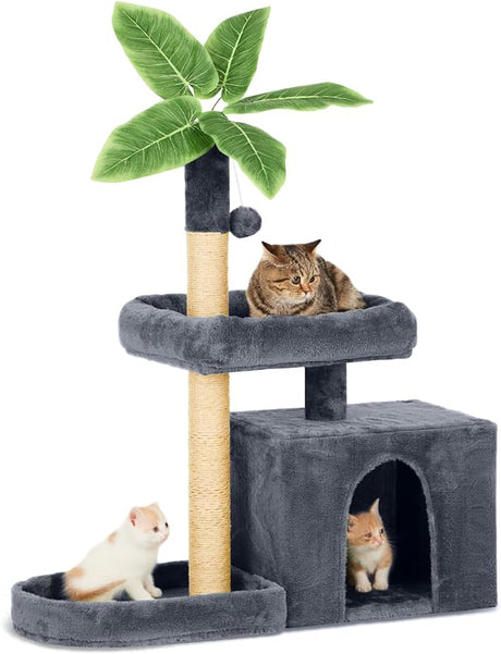 31.5" Cat Tree/Tower for Indoor Cats with Green Leaves, Cat Condo Cozy Plush Cat House