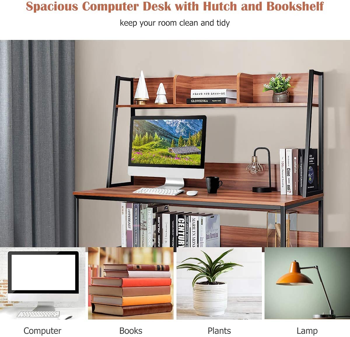 Computer Desk with Hutch & Bookshelf, 47" PC Laptop Table Workstation w/ 3 Storage Cubes & Open