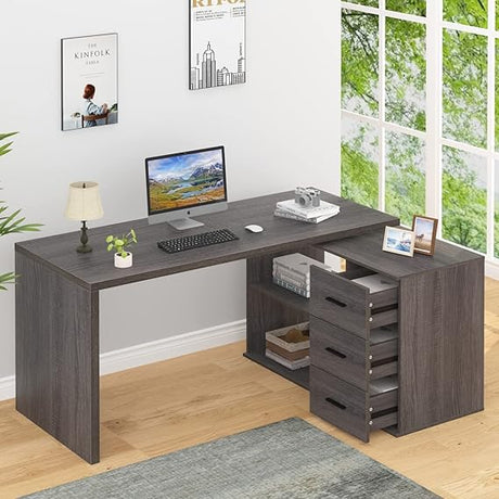 L Shaped Desk with Storage Cabinet, Wood L Shape Desk with Drawers Shelf