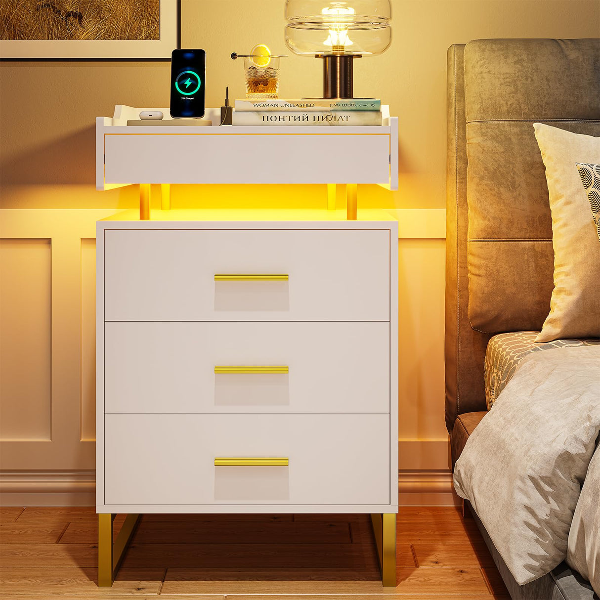 LED Nightstand with Charging Station, Large Night Stand with 3 Drawers and 1 Pull-Out Tray