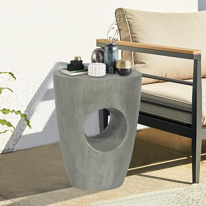 Light-Weight Concrete Outdoor Side Table, Modern Geometric Accent End Table for Garden