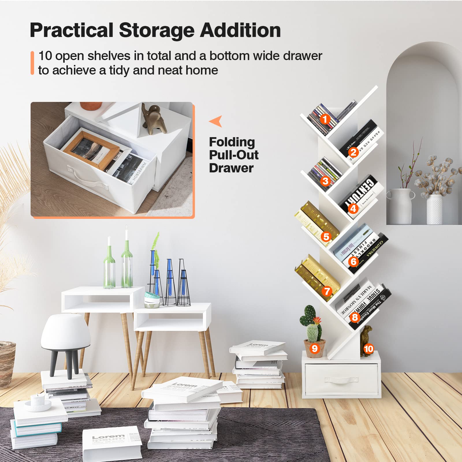 Tangkula 10 Tier Tree Bookshelf with Drawer, Floor Standing Storage Rack for CDs, Movies & Books, Display Utility Shelves for Bedroom, Living Room & Home Office (White, 10 Tier)