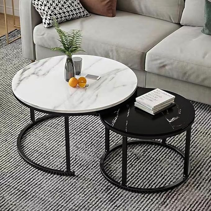 Round Coffee Table Set of 2 with Wood Top for Living Room, Modern Nesting Center