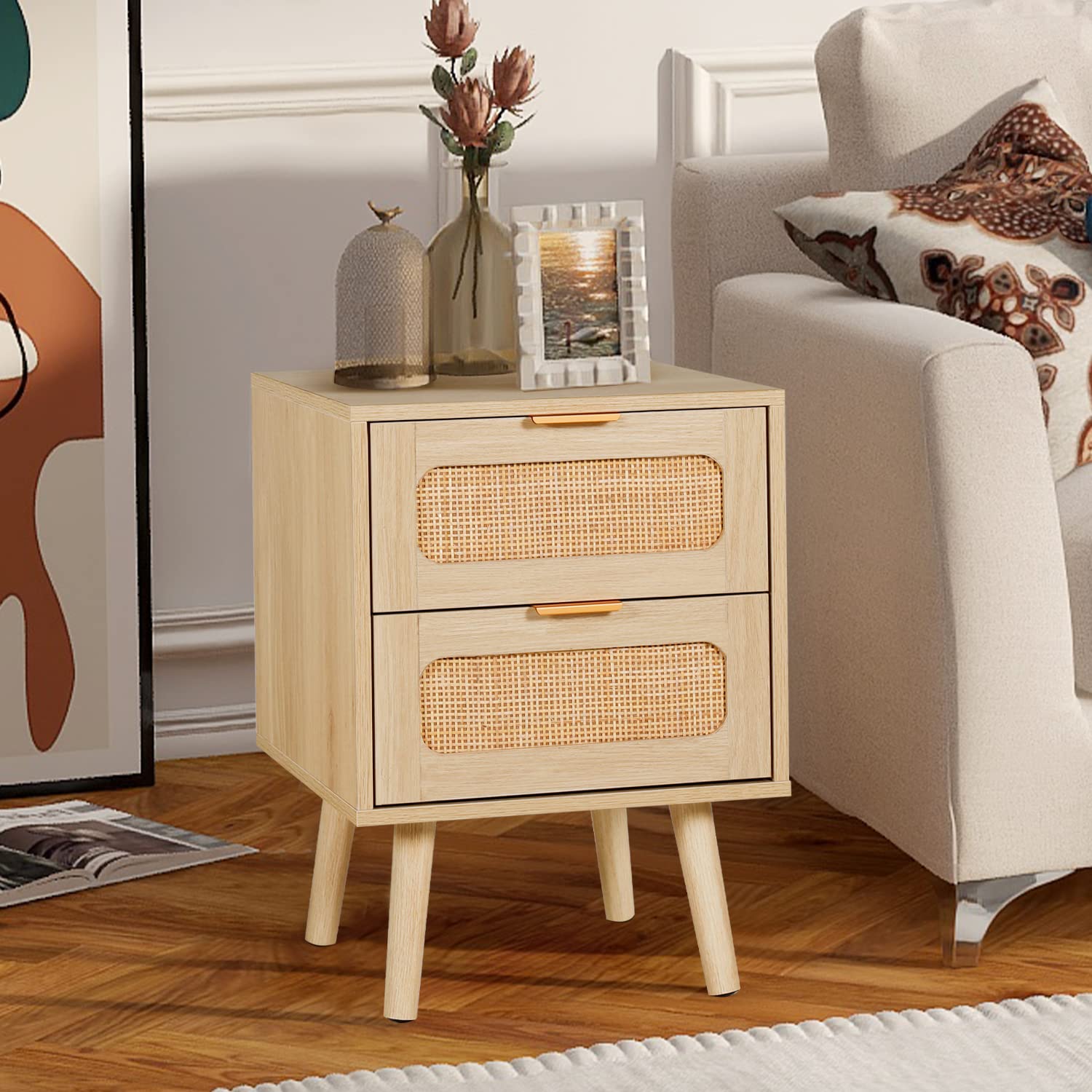 Set of 2 Nightstands Wooden Night Stands with Rattan Drawers Home Bedside End Table