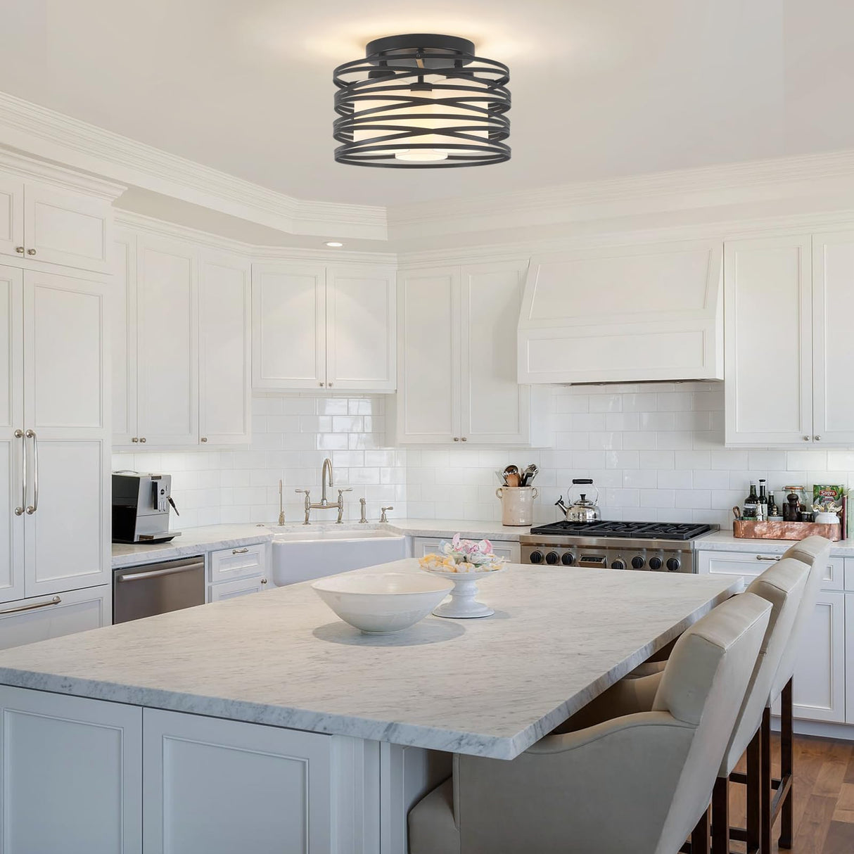 Black Flush Mount Ceiling Light - 3-Light Drum Semi Flush Mount