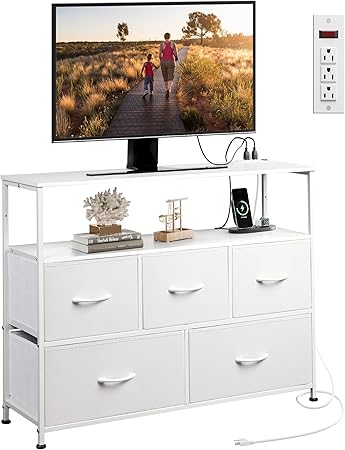 Black Dresser TV Stand for Bedroom Decor with Power Outlet, Chest of Drawers Fabric