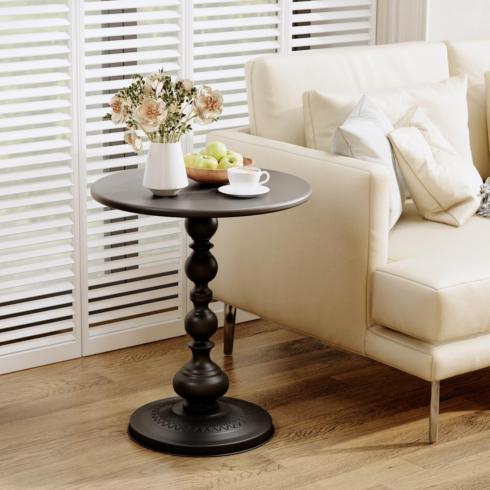 Metal Small Round Side End Table, Vintage Matte Coffee Drink Cocktail Table, Accent Pedestal Table for Living Room Corners and Small Spaces, 21'' Height (Black)