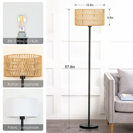 Lamps for Living Room, Rattan Boho Floor Lamp, Black Metal Floor Lamp with LED Bulb,