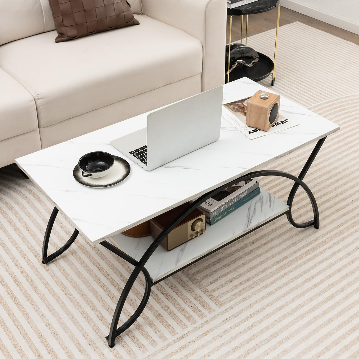 2-Tier Rectangular Coffee Table, Faux Marble Table with Open Storage Shelf