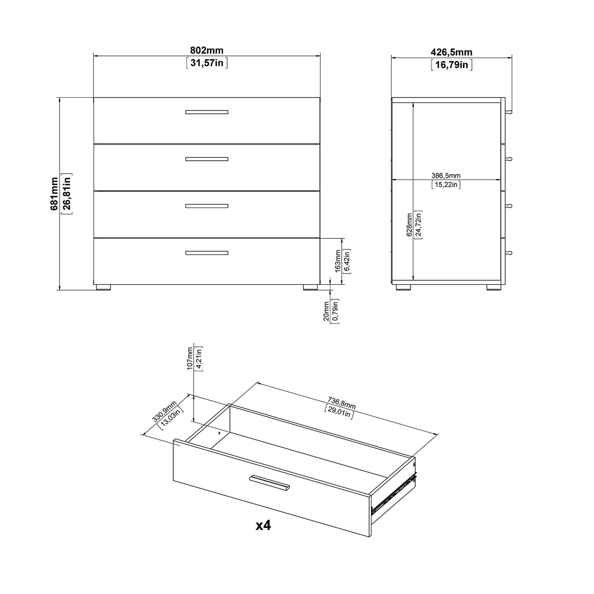 Steel Brackets at Bottom 4 Drawer